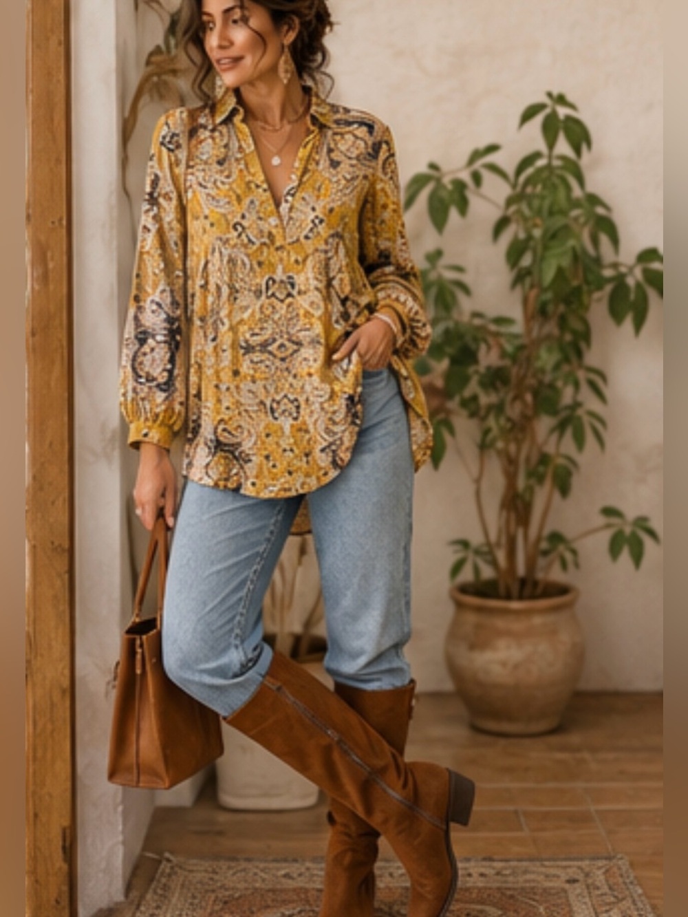 Free People Mustard Paisley Boho Tunic Blouse Long Sleeve Flowy Top